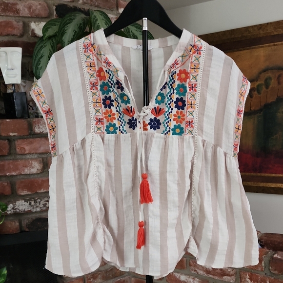THML Tops - THML Embroidered Boho Cotton Top | Tassel Tie | Peasant Blouse